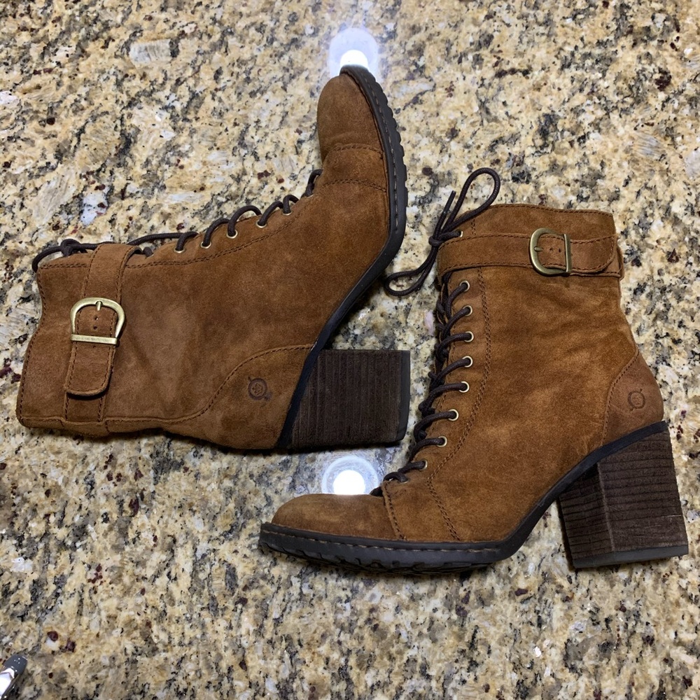 Born Lace Up Cognac Suede Booties